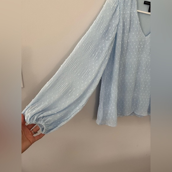 White House Black Market Light Blue Dot Poplin Sheer Lined Blouse Long Sleeve XS - Picture 2 of 9